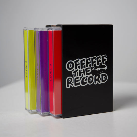 Three colorful cassette tapes with a black cover displaying 'OFF THE RECORD' on a gray background.